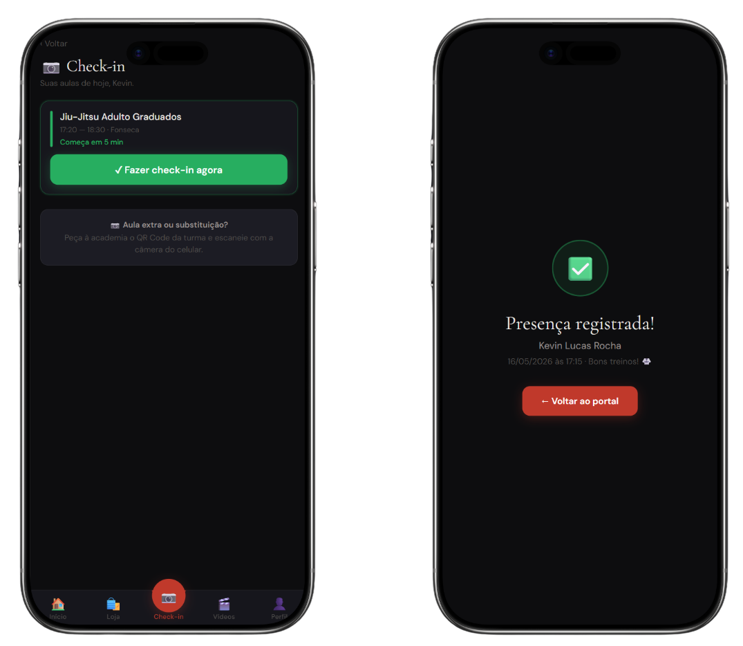 Tela de check-in e tela de presença registrada do Portal do Aluno